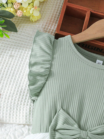 Girls' Summer Ruffled Sleeve Bow-Knot Placement Rose Print Casual Dress