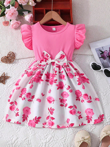 Girls' Summer Ruffled Sleeves, Bow-Tie & Rose Flower Print Casual Dress
