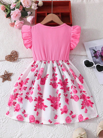 Girls' Summer Ruffled Sleeves, Bow-Tie & Rose Flower Print Casual Dress