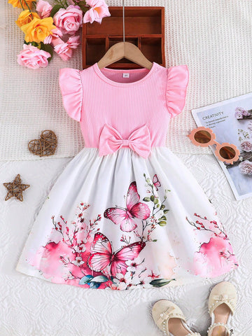 Girls' Summer Ruffled Sleeves Bow Tie Locational Rose Print Casual Dress
