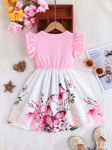 Girls' Summer Ruffled Sleeves Bow Tie Locational Rose Print Casual Dress