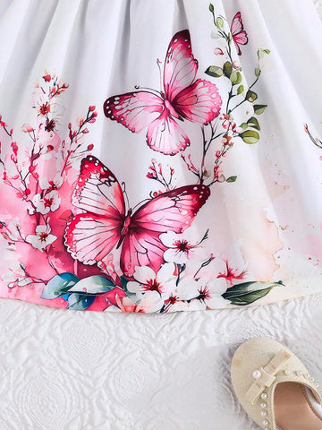 Girls' Summer Ruffled Sleeves Bow Tie Locational Rose Print Casual Dress