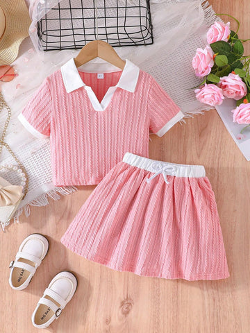 Girls' Summer Short Sleeve Cute Shirt And Elastic Waist Skirt Casual Outfit