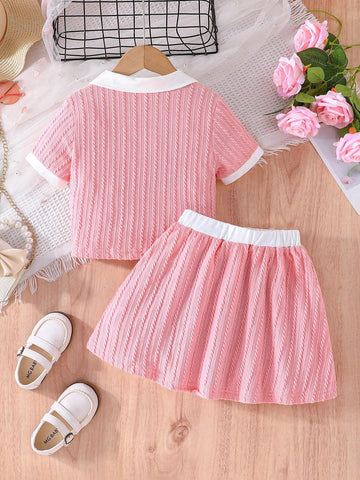 Girls' Summer Short Sleeve Cute Shirt And Elastic Waist Skirt Casual Outfit