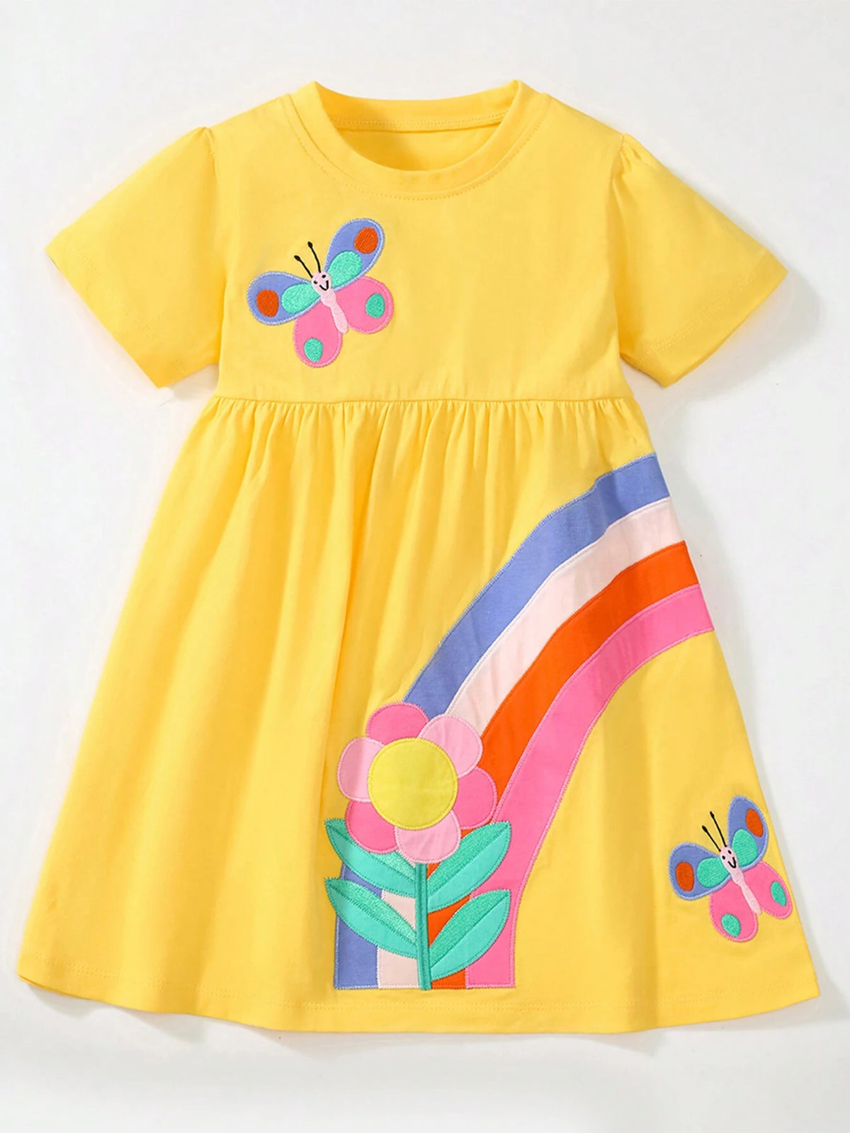 Girls" Summer Short Sleeve Dress Yellow Casual Round Neck Top Animal Butterfly Rainbow Small Flower Pattern Dress 2-7Y