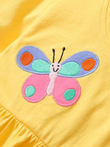 Girls" Summer Short Sleeve Dress Yellow Casual Round Neck Top Animal Butterfly Rainbow Small Flower Pattern Dress 2-7Y