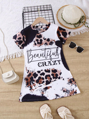 Girls' Summer Short Sleeve Leopard Print & Letter Graphic Casual Dress