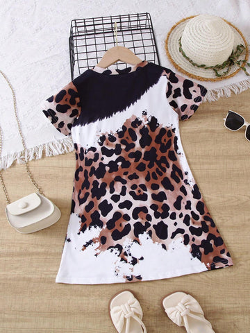 Girls' Summer Short Sleeve Leopard Print & Letter Graphic Casual Dress