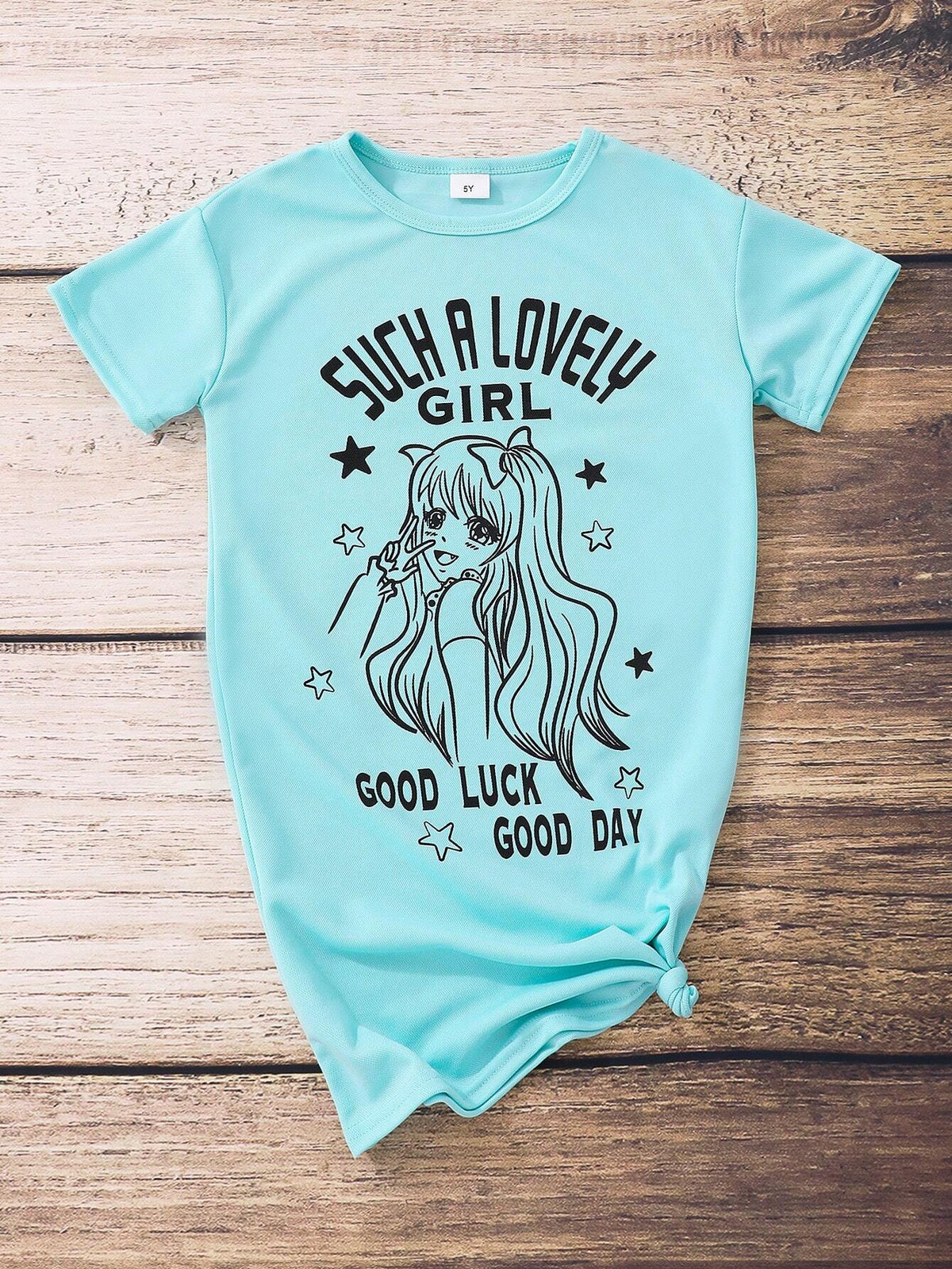 Girls' Summer Short Sleeve Round Neck Casual Dress With Cartoon Girl Print