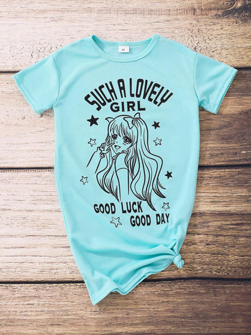 Girls' Summer Short Sleeve Round Neck Casual Dress With Cartoon Girl Print