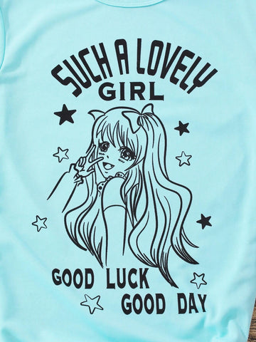 Girls' Summer Short Sleeve Round Neck Casual Dress With Cartoon Girl Print
