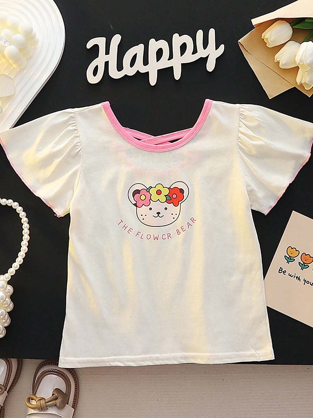 Girls Summer Short Sleeved, Fashionable Cartoon Girl Baby Round Neck Versatile Bubble Sleeve Little Bear Top