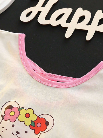 Girls Summer Short Sleeved, Fashionable Cartoon Girl Baby Round Neck Versatile Bubble Sleeve Little Bear Top