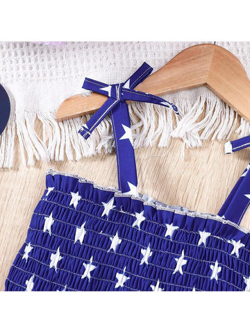 Girls" Summer Sleeveless Dress With Bow Detail Knot, American National Pattern & Independence Day Elements, Starry Cake Skirt