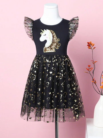 Girls' Summer Sleeveless Mesh Patchwork Unicorn Embroidery Party A-Line Princess Dress SH1696, For Children