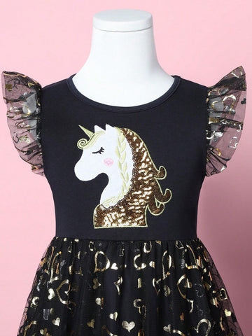 Girls' Summer Sleeveless Mesh Patchwork Unicorn Embroidery Party A-Line Princess Dress SH1696, For Children