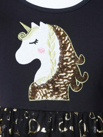Girls' Summer Sleeveless Mesh Patchwork Unicorn Embroidery Party A-Line Princess Dress SH1696, For Children
