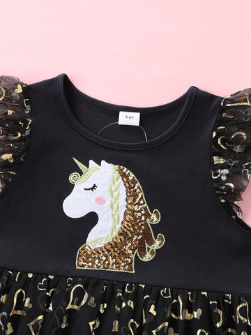 Girls' Summer Sleeveless Mesh Patchwork Unicorn Embroidery Party A-Line Princess Dress SH1696, For Children