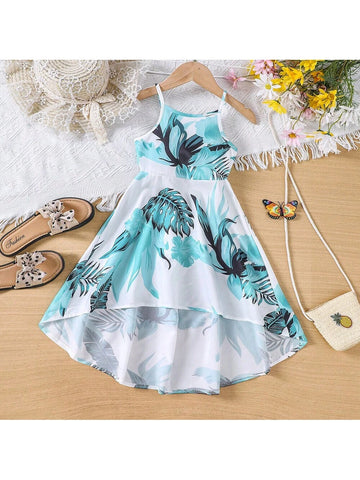 Girls" Summer Spaghetti Strap Holiday Style Printed High-Low Dress