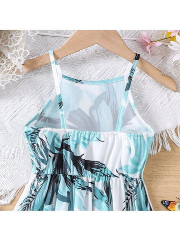 Girls" Summer Spaghetti Strap Holiday Style Printed High-Low Dress