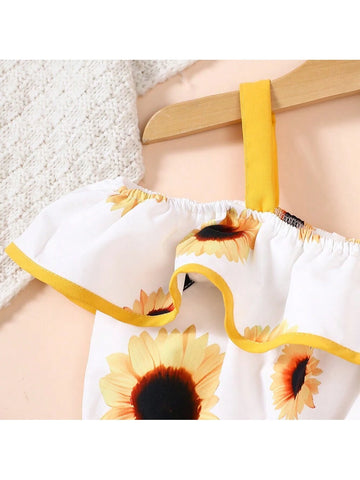 Girls" Summer Sunflower Printed Tank Top With Bowknot Shorts Vacation Style 2pcs/Set Outfits