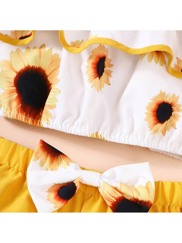 Girls" Summer Sunflower Printed Tank Top With Bowknot Shorts Vacation Style 2pcs/Set Outfits