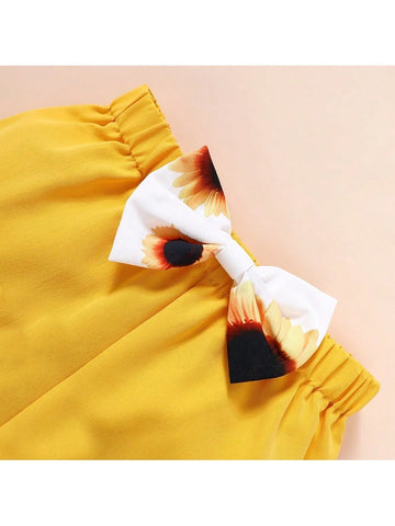 Girls" Summer Sunflower Printed Tank Top With Bowknot Shorts Vacation Style 2pcs/Set Outfits