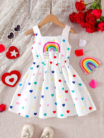 Girls' Summer Trendy Fashion Colorful Heart & Floral Pattern Sleeveless White Dress