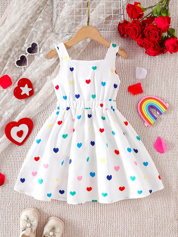 Girls' Summer Trendy Fashion Colorful Heart & Floral Pattern Sleeveless White Dress