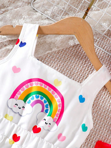 Girls' Summer Trendy Fashion Colorful Heart & Floral Pattern Sleeveless White Dress