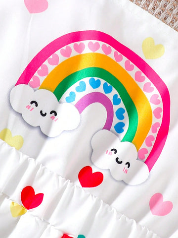 Girls' Summer Trendy Fashion Colorful Heart & Floral Pattern Sleeveless White Dress