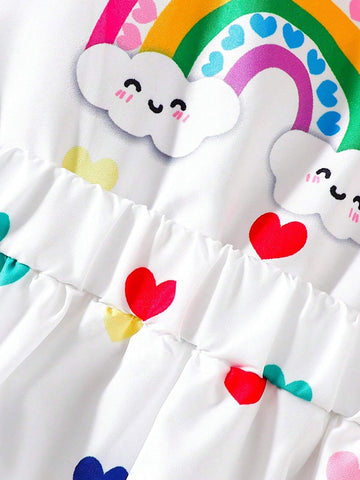 Girls' Summer Trendy Fashion Colorful Heart & Floral Pattern Sleeveless White Dress