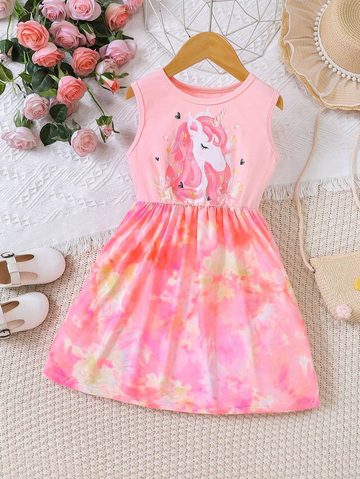 Girls' Summer Unicorn Printed Dress, New Children's Silk Skirt, Summer