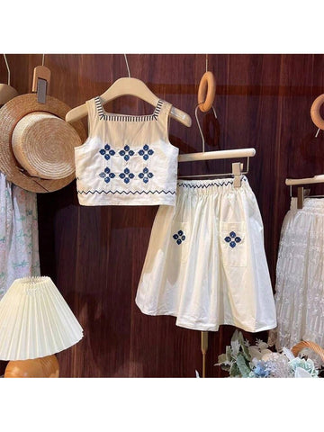 Girls' Summer Vacation Style Outfit, Boho Flower Embroidered Tank Dress, 2pcs Set For Beach Activities