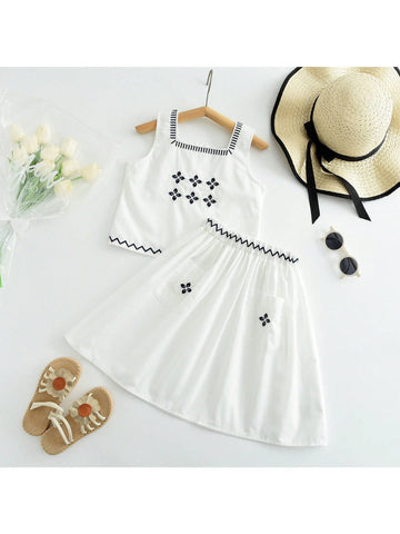 Girls' Summer Vacation Style Outfit, Boho Flower Embroidered Tank Dress, 2pcs Set For Beach Activities