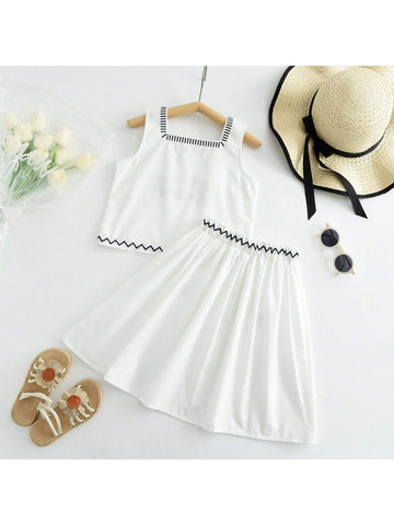 Girls' Summer Vacation Style Outfit, Boho Flower Embroidered Tank Dress, 2pcs Set For Beach Activities