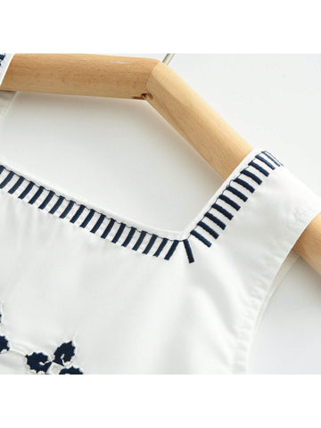 Girls' Summer Vacation Style Outfit, Boho Flower Embroidered Tank Dress, 2pcs Set For Beach Activities
