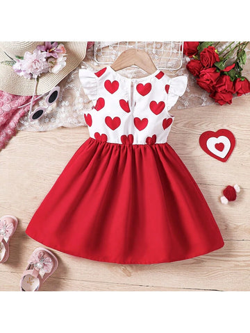 Girls" Summer Valentine Day Heart Print Collared Patchwork Dress