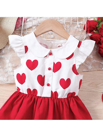 Girls" Summer Valentine Day Heart Print Collared Patchwork Dress