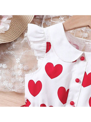 Girls" Summer Valentine Day Heart Print Collared Patchwork Dress
