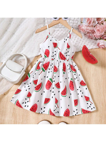 Girls' Summer Watermelon Fruit Printed Casual Sling Dress