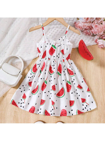 Girls' Summer Watermelon Fruit Printed Casual Sling Dress