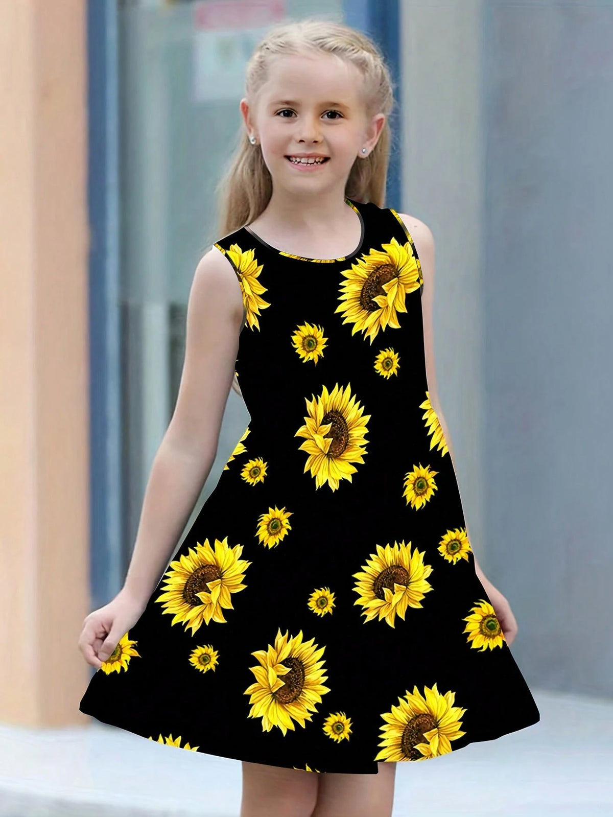 Girls Sunflower Print Sleeveless Dress Loose Fit And Comfortable Round Neck Summer Dress Kids Clothes
