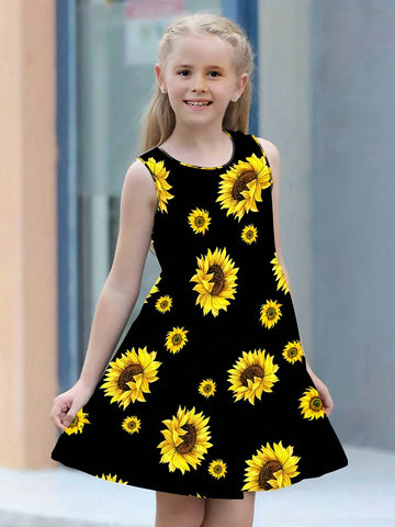 Girls Sunflower Print Sleeveless Dress Loose Fit And Comfortable Round Neck Summer Dress Kids Clothes