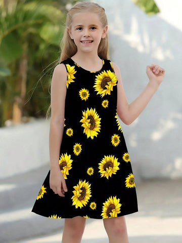 Girls Sunflower Print Sleeveless Dress Loose Fit And Comfortable Round Neck Summer Dress Kids Clothes