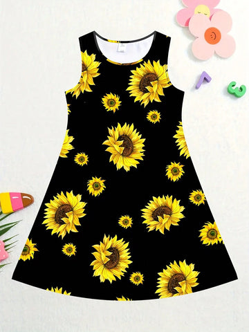 Girls Sunflower Print Sleeveless Dress Loose Fit And Comfortable Round Neck Summer Dress Kids Clothes