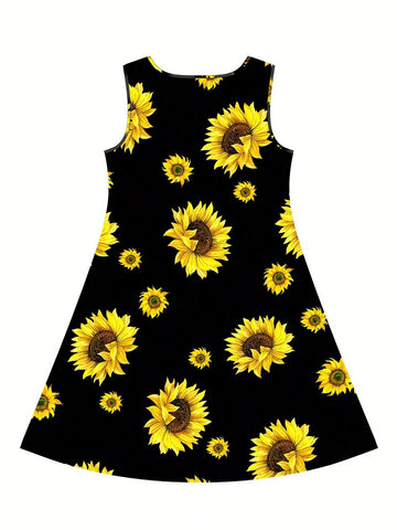 Girls Sunflower Print Sleeveless Dress Loose Fit And Comfortable Round Neck Summer Dress Kids Clothes