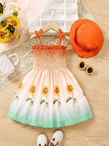 Girls' Sunflower Printed Sleeveless Dress With Hat, Summer Outdoor