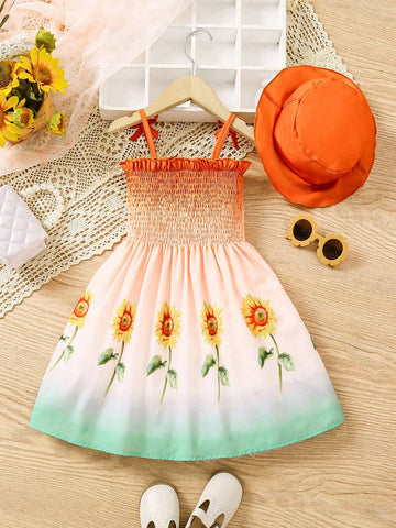 Girls' Sunflower Printed Sleeveless Dress With Hat, Summer Outdoor