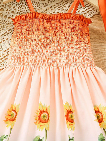 Girls' Sunflower Printed Sleeveless Dress With Hat, Summer Outdoor